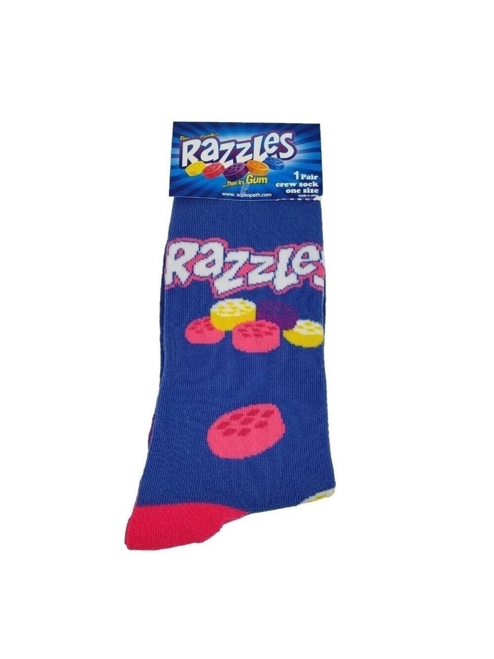 4/$25 Razzles Candy then Gum Novelty Crew Socks Blue With Iconic Graphics